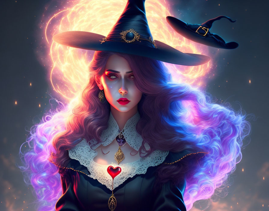 Illustrated witch with purple hair, pointed hat, heart pendant, and glowing eyes on dark background