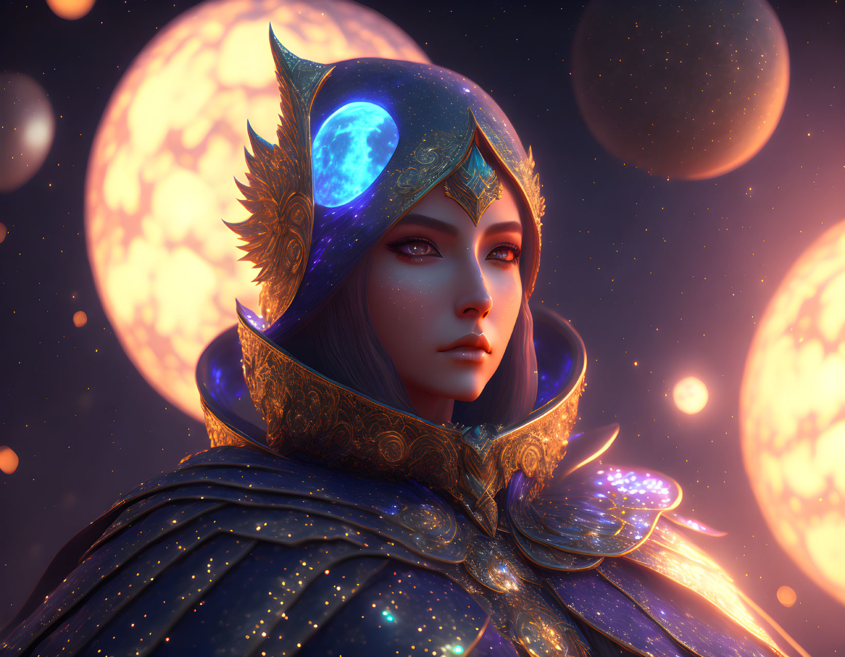 Celestial-themed female warrior in moon motif armor under starry sky