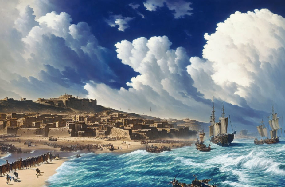 Historical ships by bustling beach with fortified city and towering clouds.