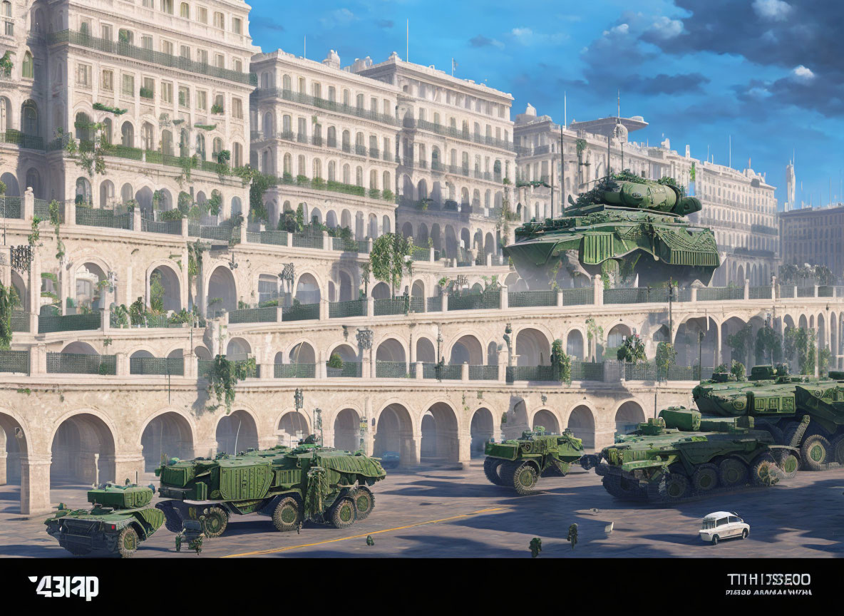 Futuristic military convoy in classical city plaza