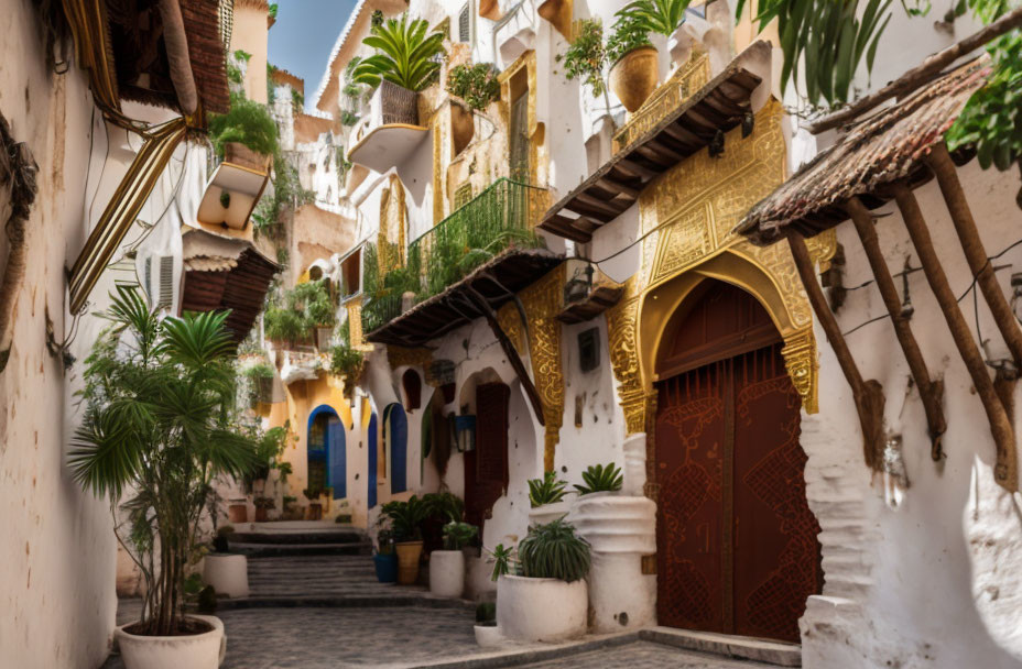 Scenic Mediterranean town alley with white walls and balconies