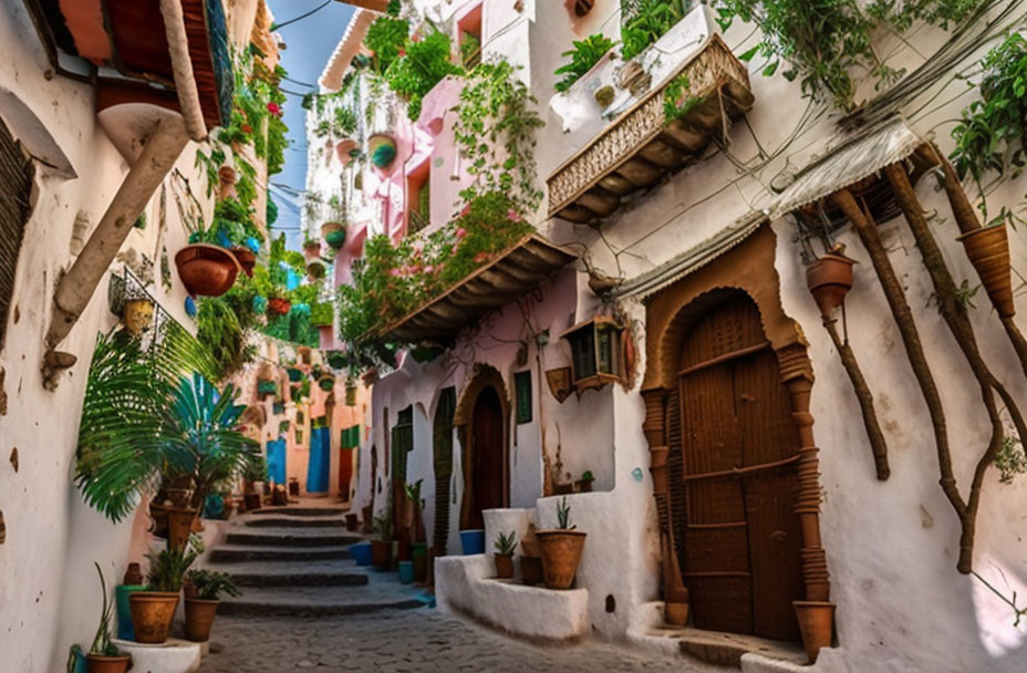 Colorful Traditional Mediterranean Village Alleyway with Hanging Plants