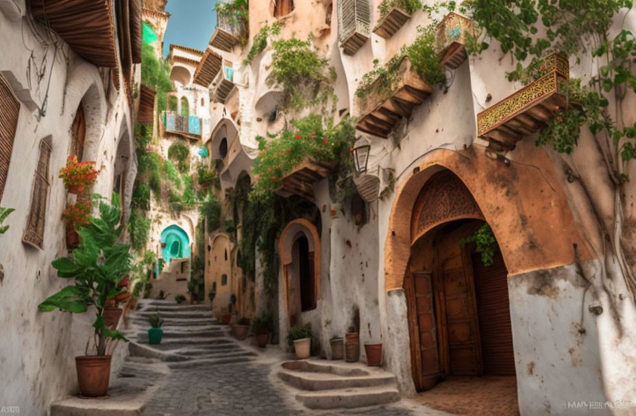 Traditional narrow alley with plant-adorned buildings and wooden doors under sunny sky