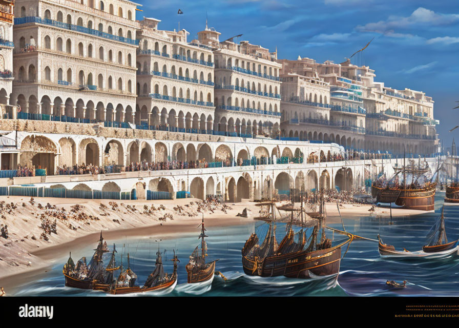 Historical waterfront scene with galleons, grand arched building, and beach promenade.