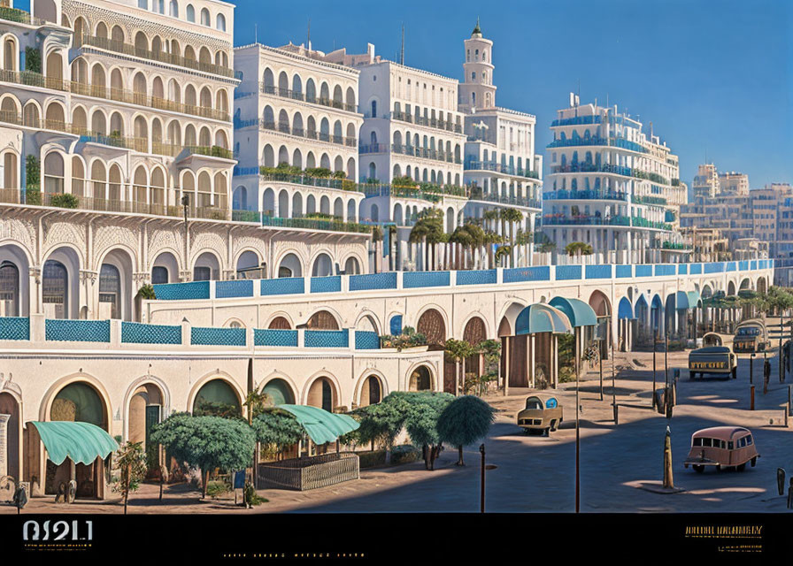 Vintage Street Scene with Classic Cars and Ornate Buildings