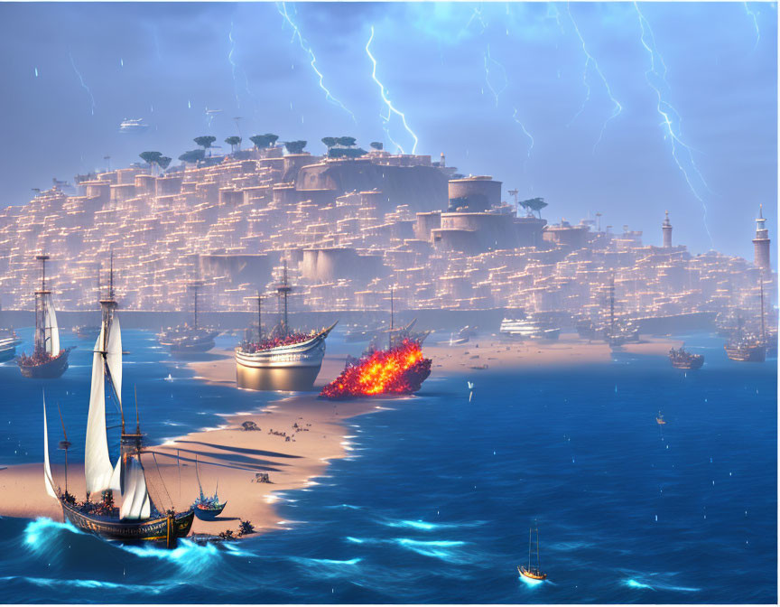 Terraced city overlooking stormy sea with lightning, burning ship on sandy shore