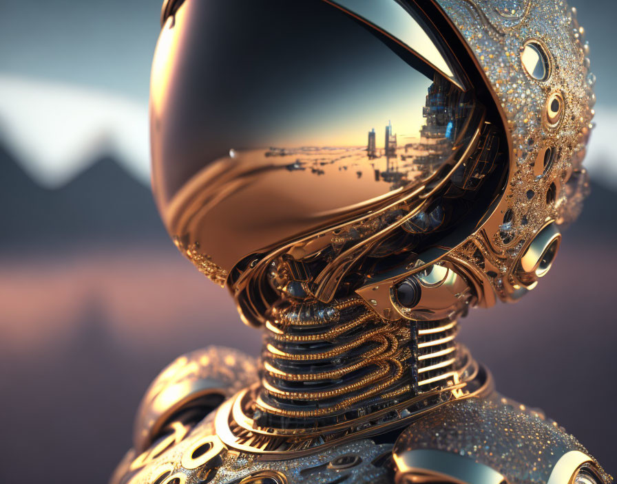 Detailed Robotic Head with Gold and Silver Designs in Futuristic Desert Landscape