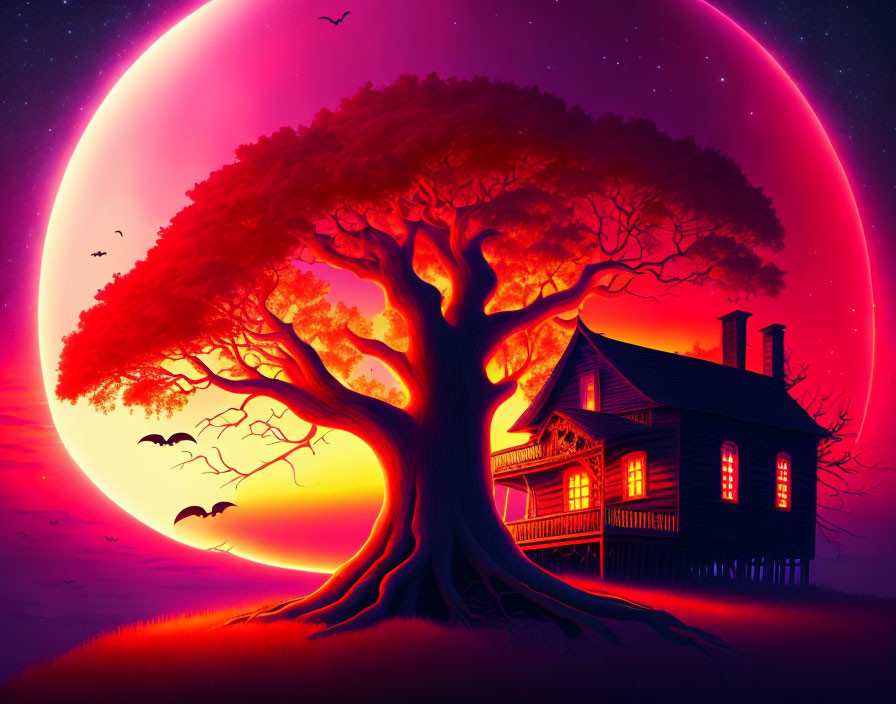 Colorful Silhouette Illustration of Tree, House, Moon, Birds, and Starry Sky