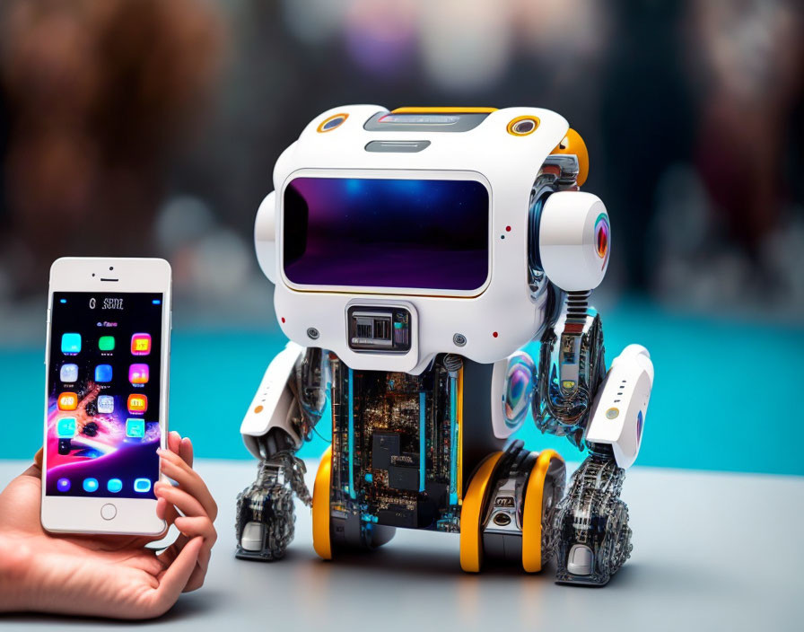 Exposed internal circuits of humanoid robot next to colorful smartphone app icons