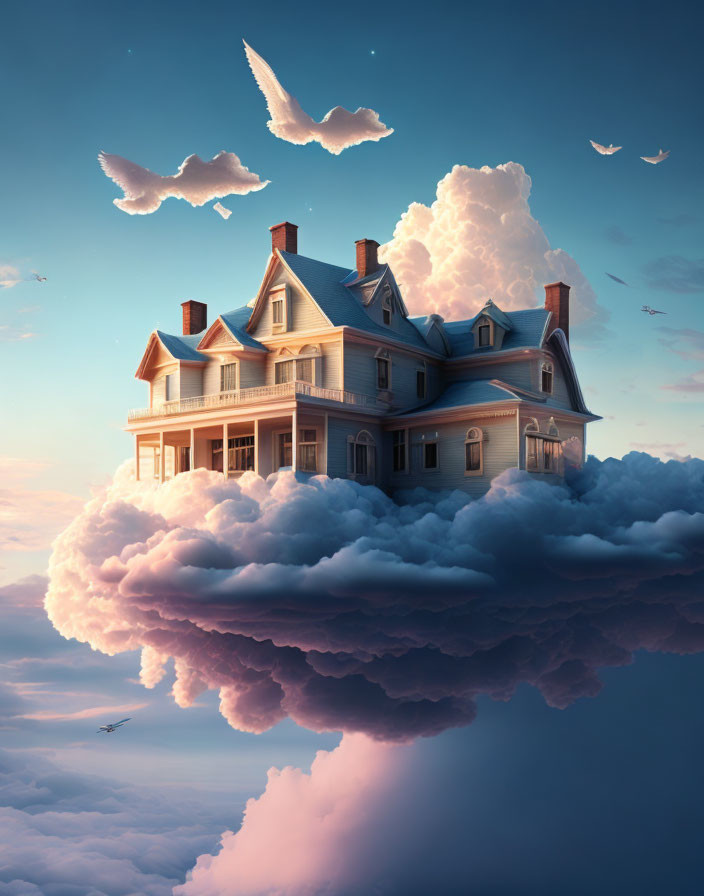 Victorian-style house floating on cloud at dusk with birds and mirrored cloud.