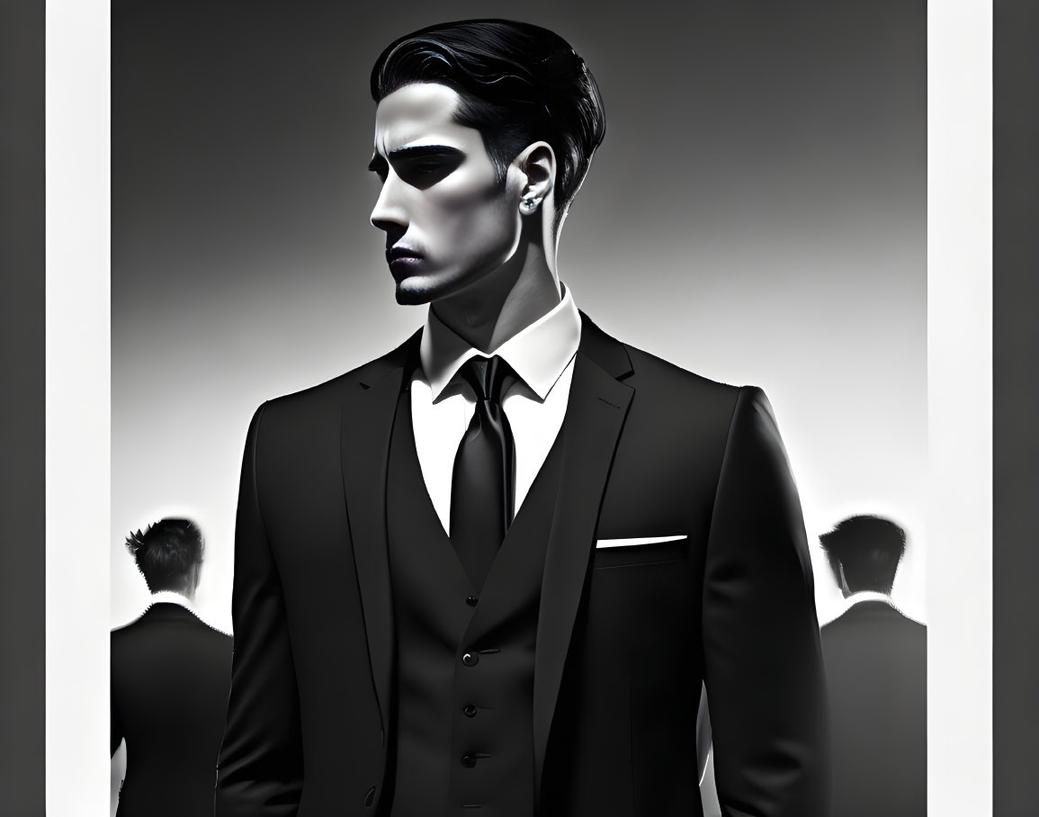 Monochromatic image of stylized man in sharp suit with dramatic lighting