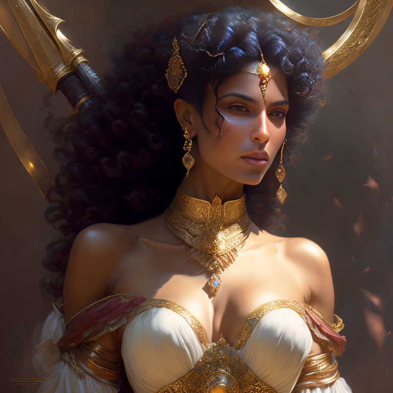 Dark Curly-Haired Woman with Golden Jewelry and Moon Headdress in Moody Setting