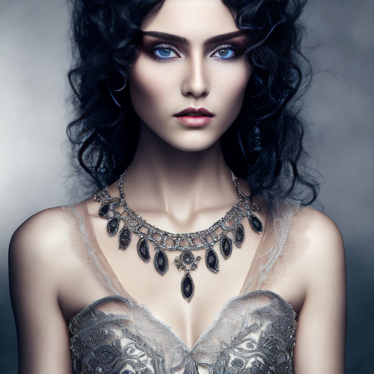 Woman with Blue Eyes in Lacy Dress and Ornate Necklace