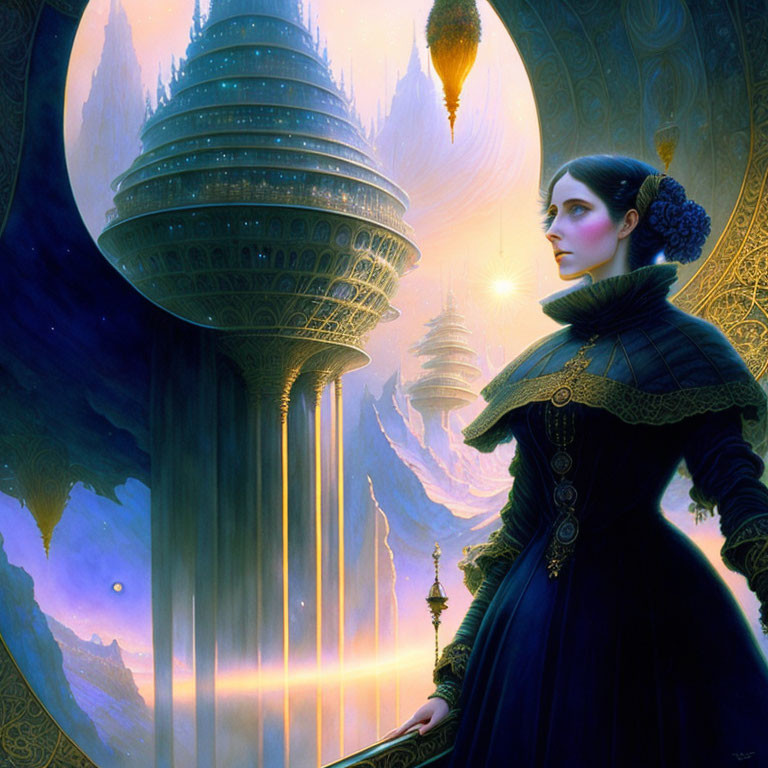 Victorian woman in front of fantastical landscape with spires and ethereal lighting