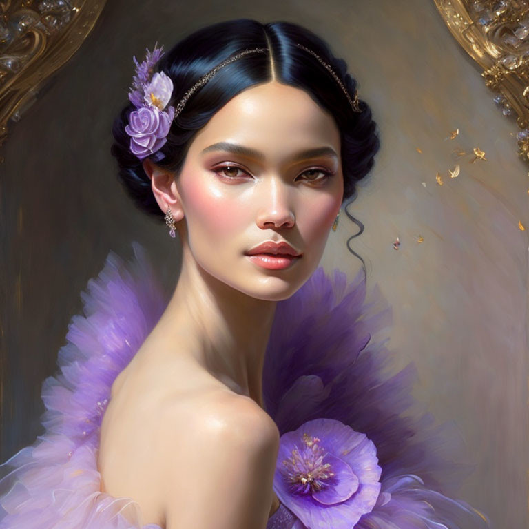 Portrait of Woman in Purple Feathery Attire with Flower in Hair