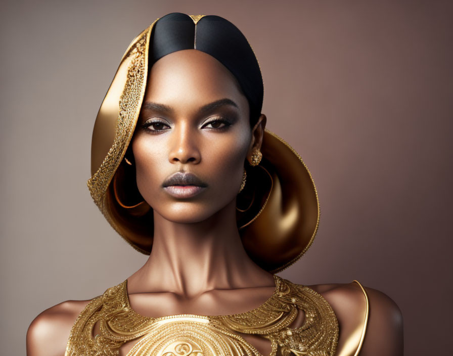 Elegant woman with striking makeup in golden headpiece and hoop earrings.