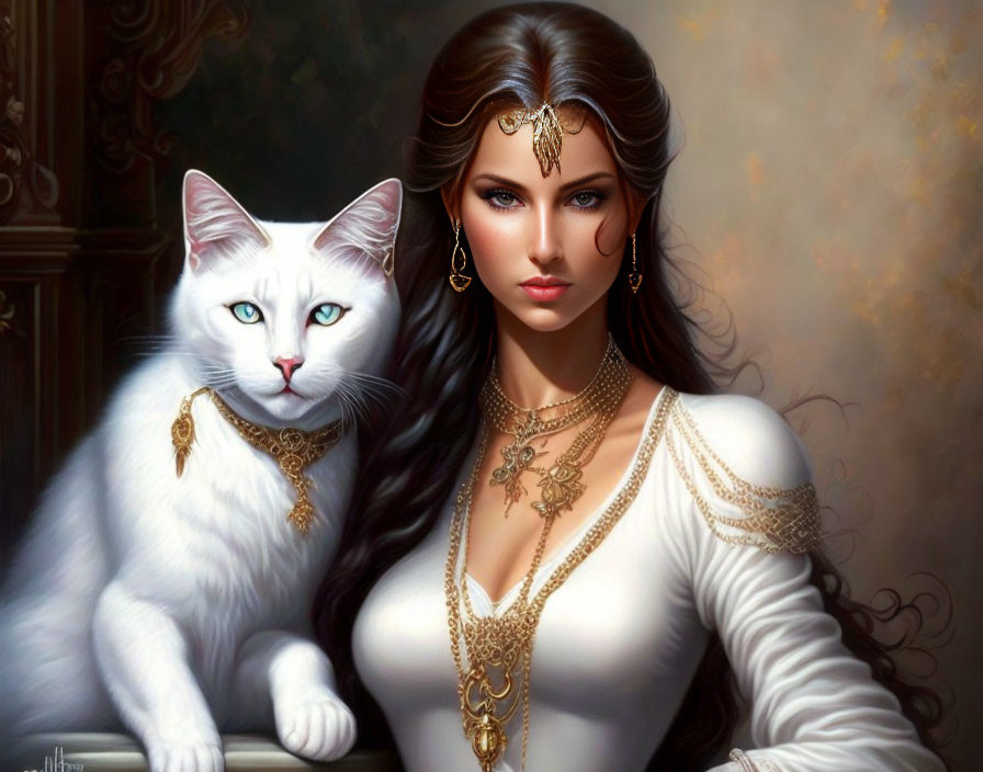 Digital Artwork: Woman and White Cat with Gold Jewelry