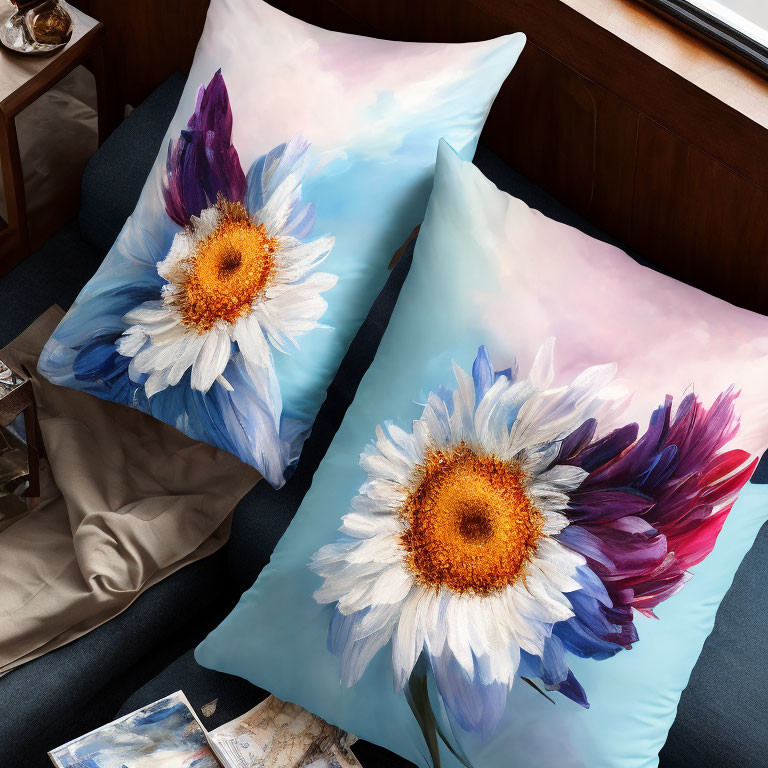 Sunflower Print Decorative Pillows on Gradient Background with Book on Couch