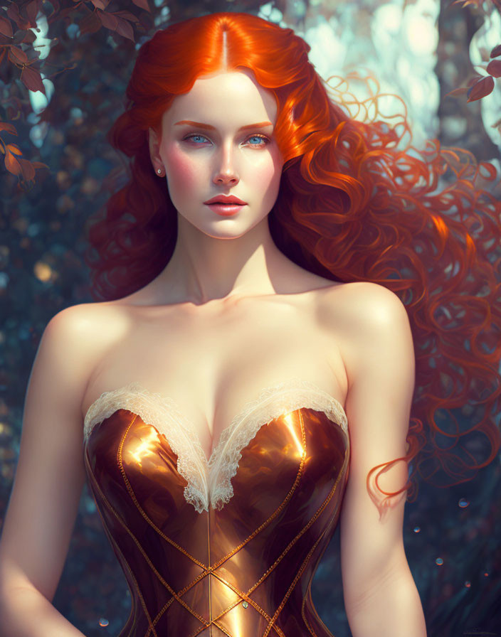 Digital Art Portrait of Woman with Red Hair and Blue Eyes in Golden Corset in Forest