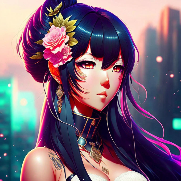 Illustrated Female Character with Long Blue Hair and Pink Flower in Neon Cityscape