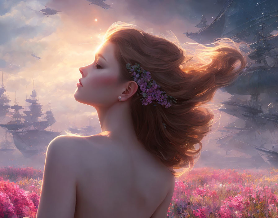 Woman with flowing hair and flowers in dreamy landscape.