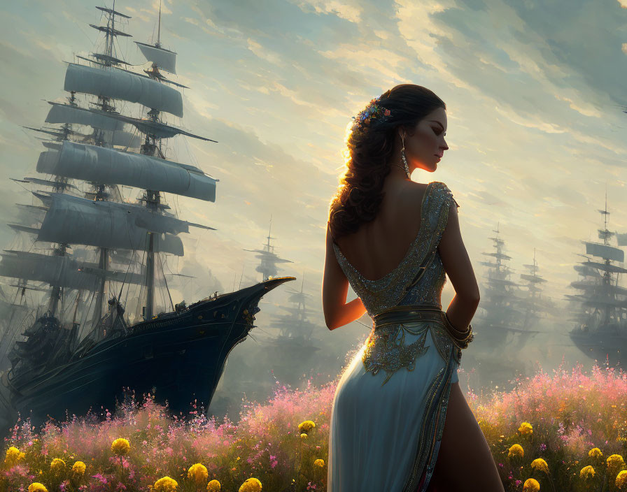 Woman in elegant dress admires tall ships in flower field at sunset