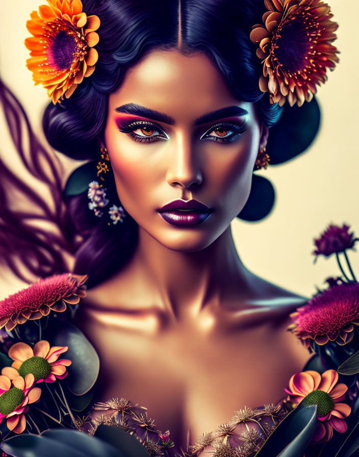 Vibrant flowers in woman's hair with striking makeup