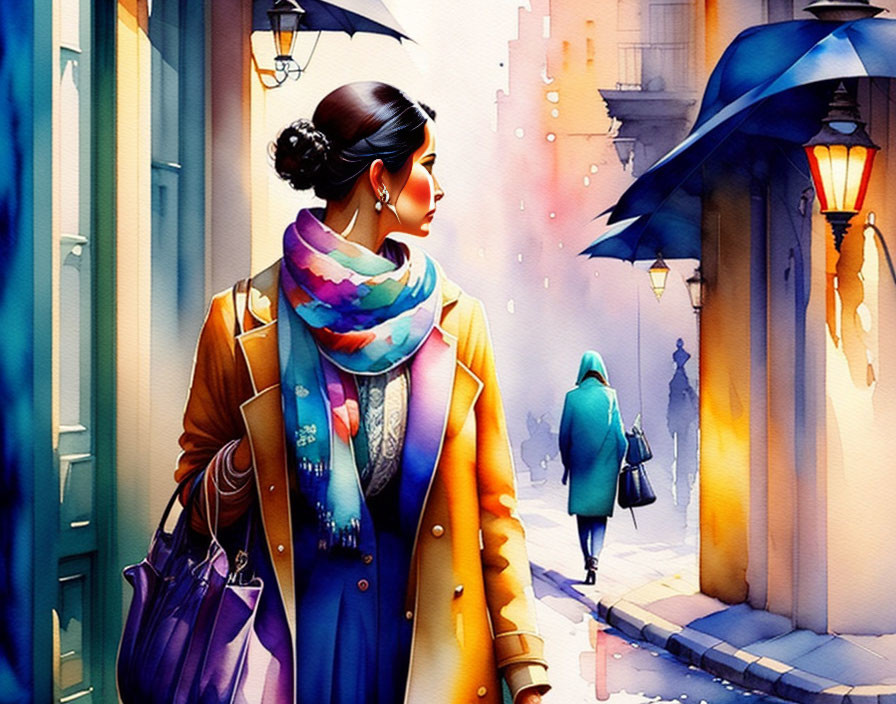 Vibrant city alleyway illustration with woman walking and colorful buildings