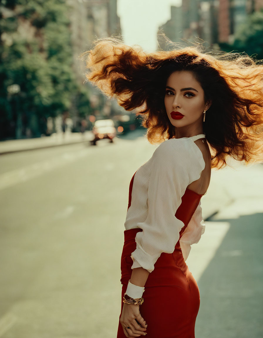 Woman with flowing hair in white blouse and red pants on city street