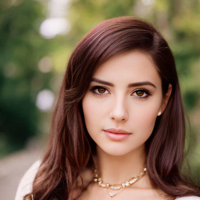 Brown-haired young woman with gold necklace on blurred green backdrop