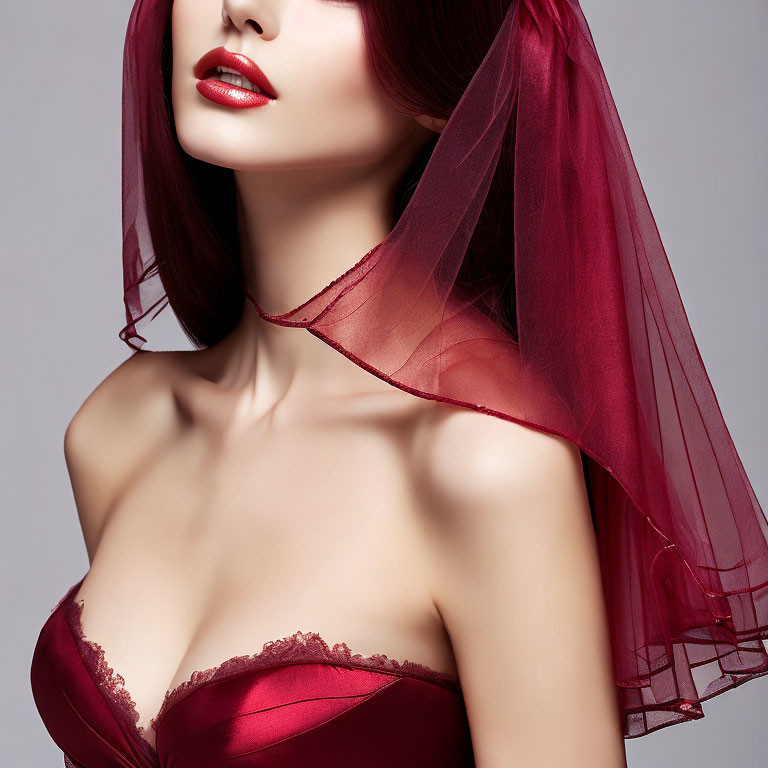 Woman with Red Lipstick Wearing Burgundy Veil and Lace-trimmed Garment