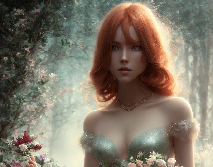 Digital Artwork: Red-Haired Woman in Misty Floral Setting