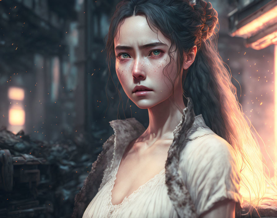 Digital artwork: Young woman in somber expression amid destruction and embers.