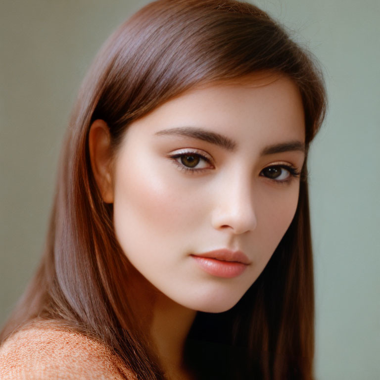 Portrait of Woman with Long Brown Hair in Orange Top