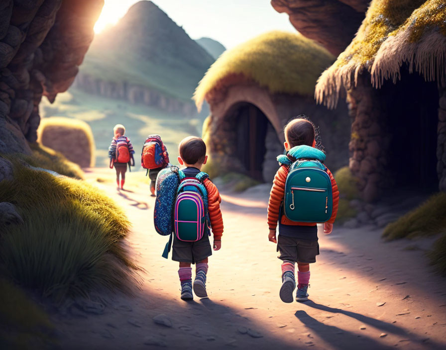 Group of children walking to tunnel near thatched-roof homes on sunny day