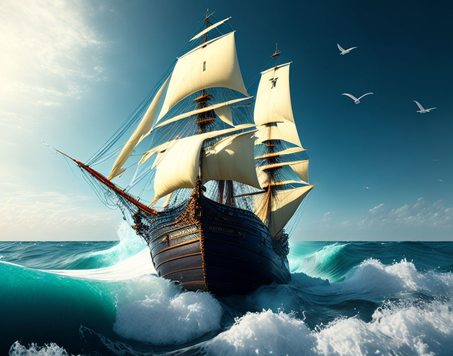 Tall ship sailing on turquoise seas with billowing white sails