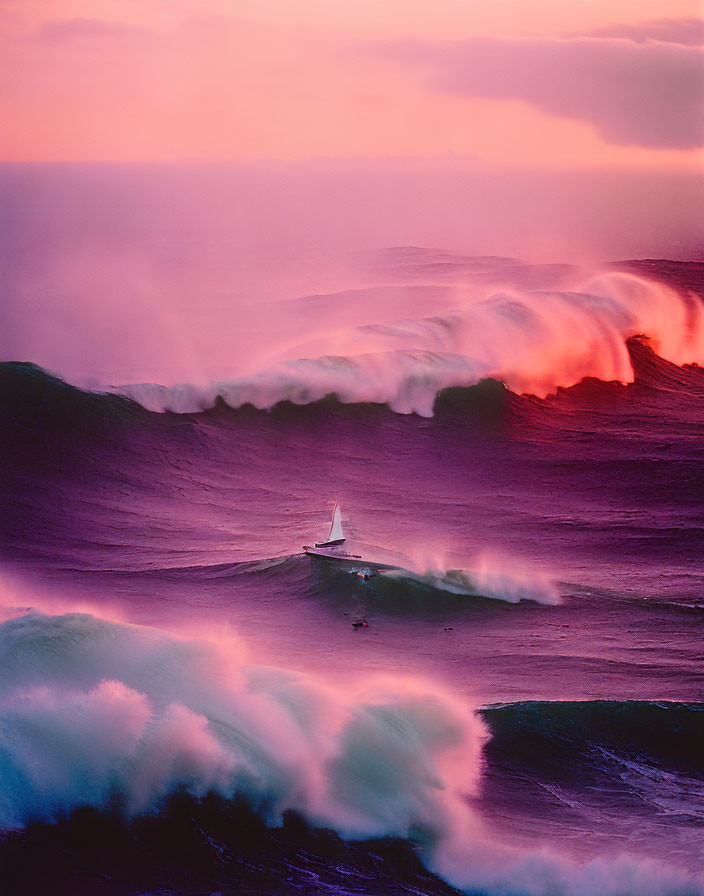 Sailboat sailing through large waves at sunset