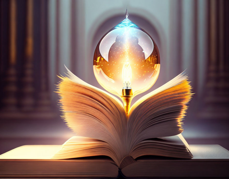 Open book with glowing pages and light bulb on library background