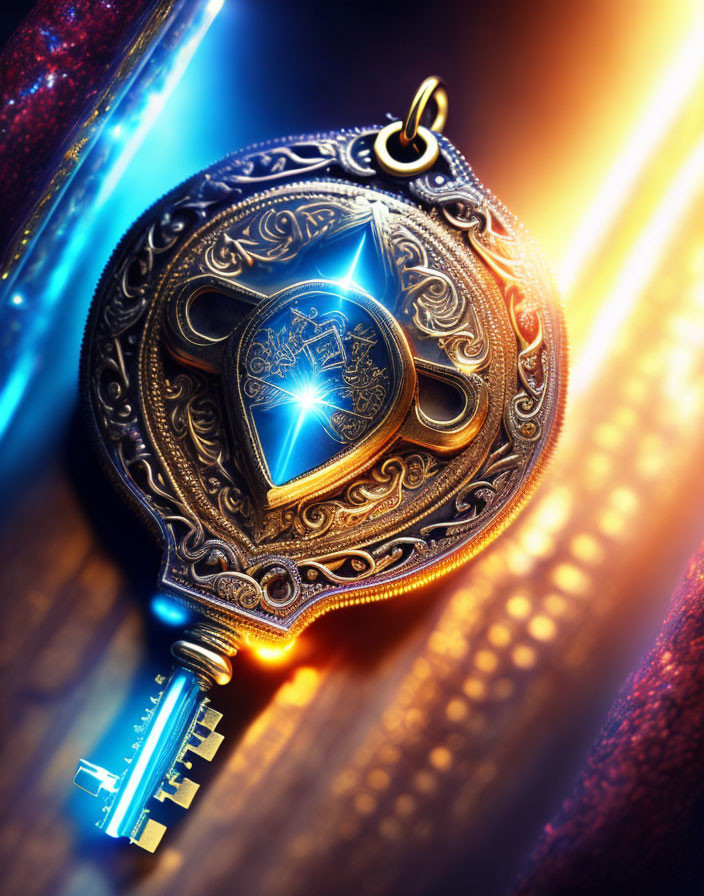 Intricately designed key with glowing blue heart center and ornate patterns