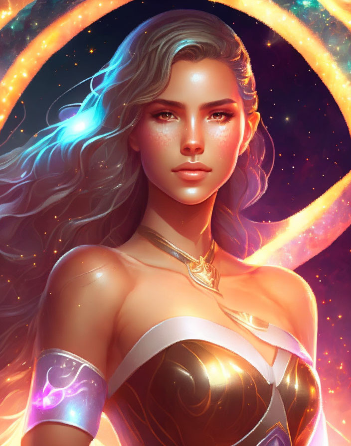 Digital Artwork: Woman in Futuristic Armor with Cosmic Background