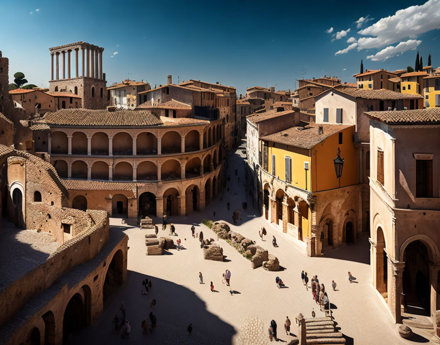 Historic square with European architecture and ancient columns in sunlit aerial view