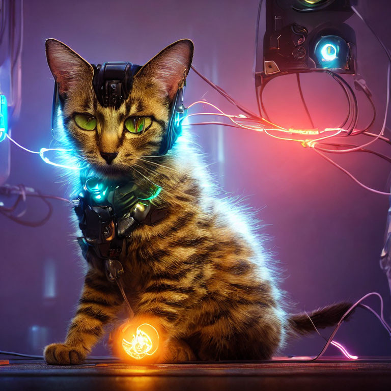 Futuristic tabby cat with headset in neon lights and glowing orb