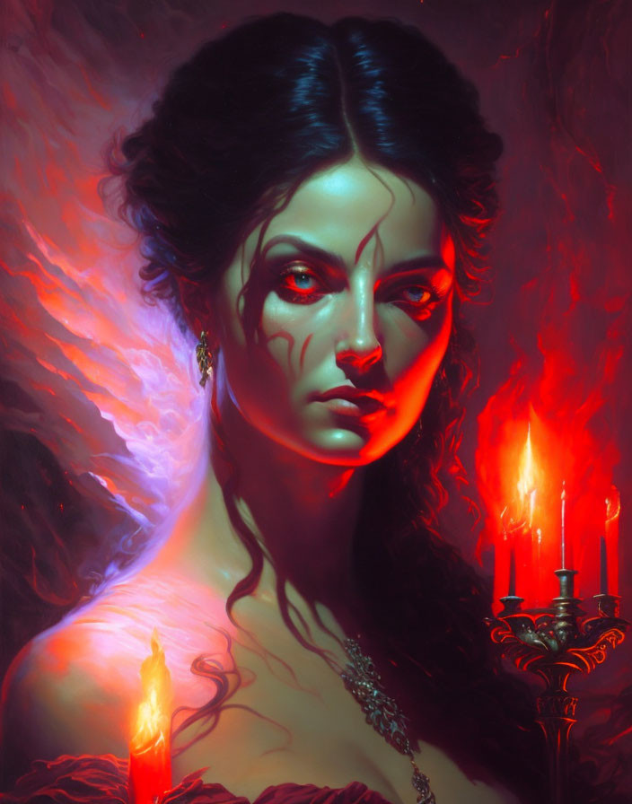 Dark-haired woman with red glowing eyes in fiery fantasy portrait.