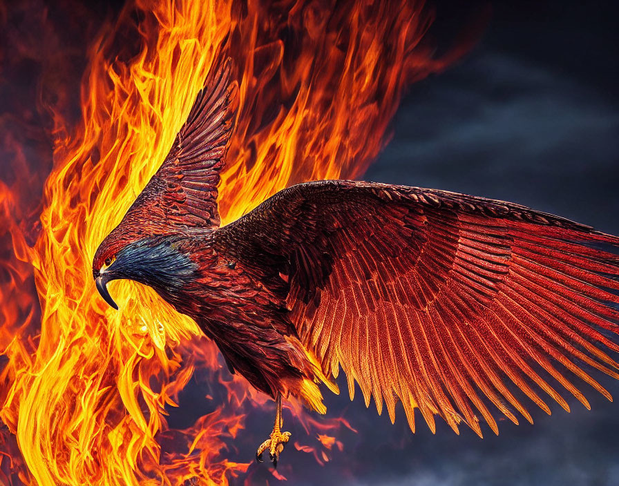 Majestic eagle in flight amidst fiery backdrop