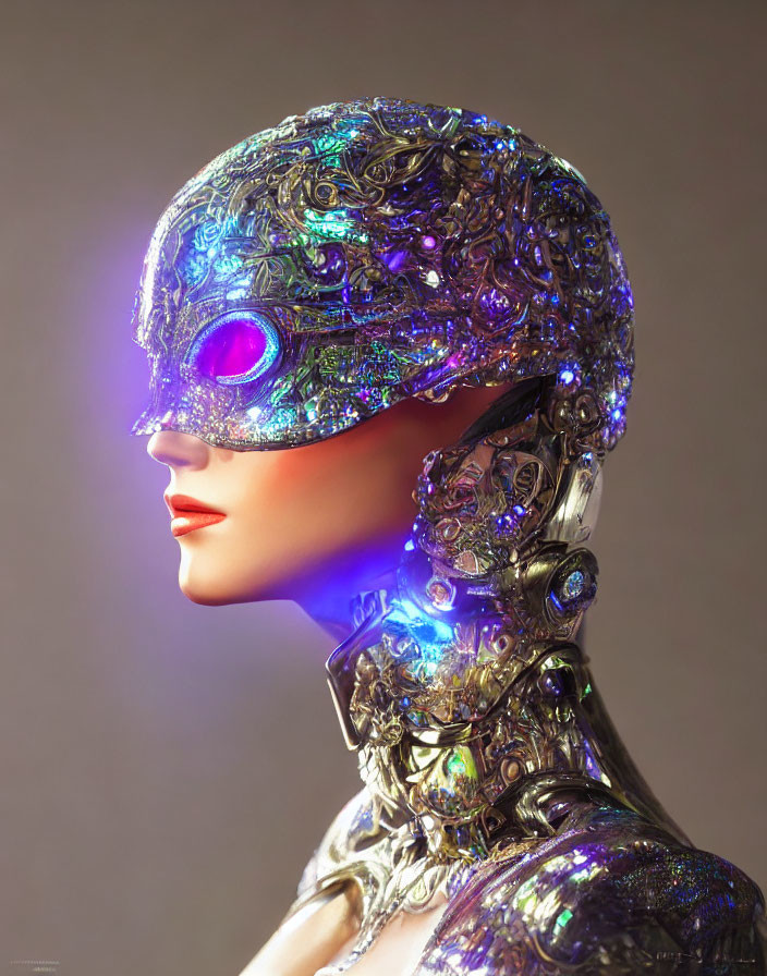 Detailed Profile View of Ornate Metallic Humanoid Robot with Glowing Purple Eye