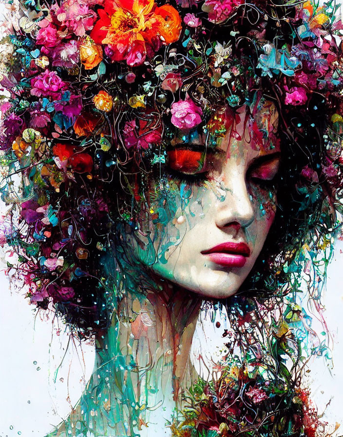 Colorful Artwork of Woman with Flower-Adorned Hair