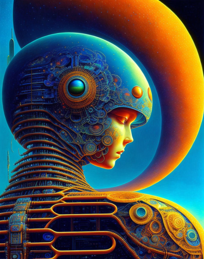 Digital artwork: Female figure with mechanical details against orange planet