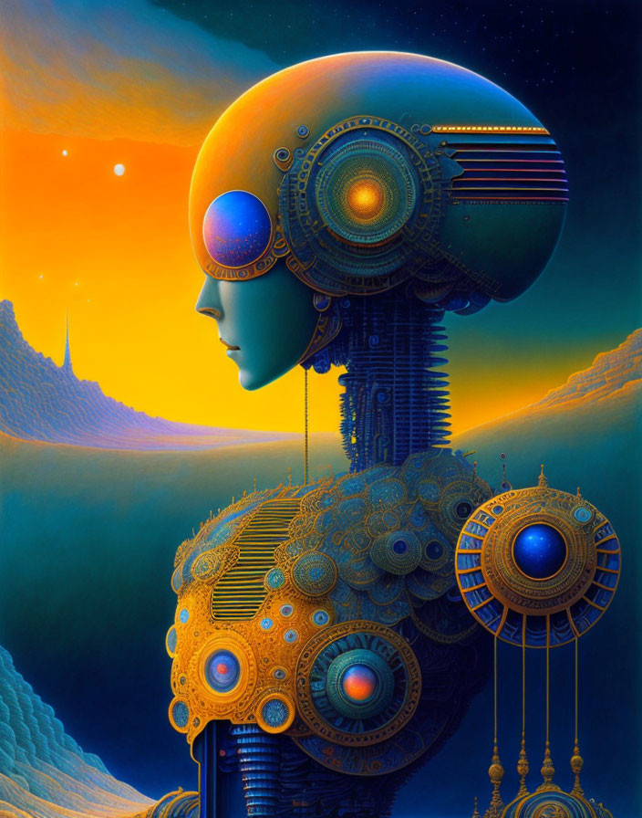 Surreal robotic head with intricate patterns in dual sun/moon landscape