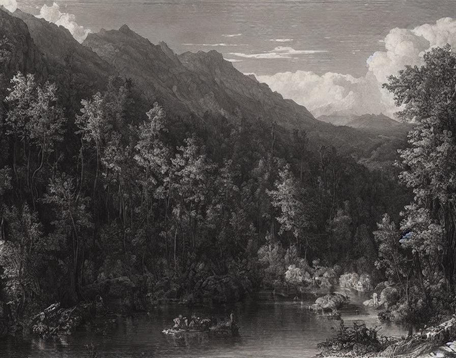 Engraving of serene river landscape with boat