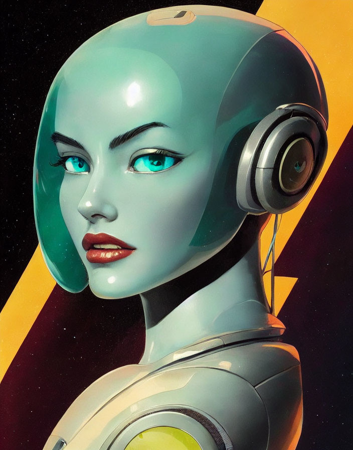 Futuristic digital artwork of robotic woman with teal head and blue eyes